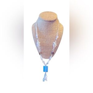 Artisan Glass Bead Necklace Iridescent Gemstone Beads Blue Pendant Tassel Boho